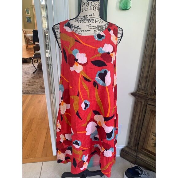 Sigrid Olsen Women's Large 100% Linen Dress Sleeveless Red Floral - Picture 12 of 12